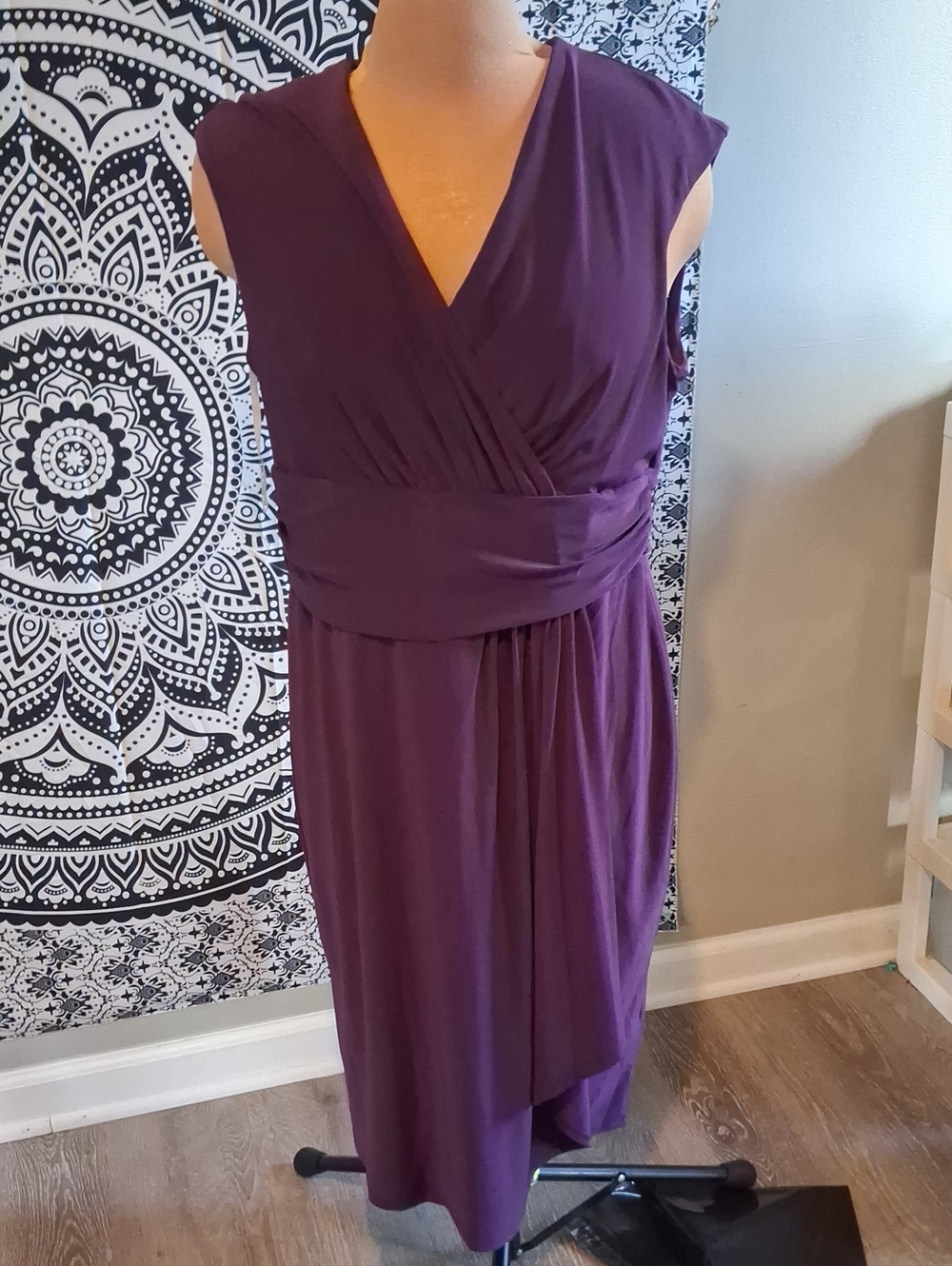 Chaps Plum Faux-Wrap Sleeveless Midi Dress